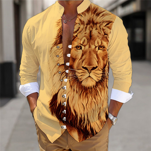  Lion Décontractées Homme Chemise Usage quotidien Sortie Fin de semaine Printemps Col Mao manche longue Jaune, Violet, Kaki S, M, L Tissu flammé Chemise