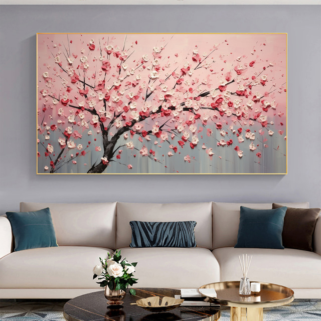  Handmade Oil Painting Canvas Wall Art Decor Pink Original Flowering tree Home Decor With Stretched FrameWithout Inner Frame Painting