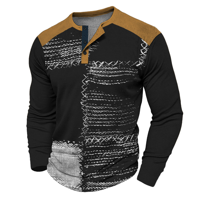  Herre Grafisk Fargeblokk Henly-skjorte Vaffel T-skjorte Langermet 3D-utskrift Mote Designer Fritid Sport & Utendørs Ferie Festival Vår & Vinter Svart Militærgrønn Mørkeblå kaffe Henley Henley