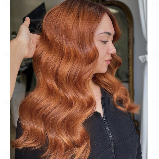  Remy Echthaar 13x4 Lace Front Perücke freier Teil Brasilianisches Haar Körperwelle Orange Perücke 150 % Dichte mit vorgezupftem Babyhaar für Perücken für schwarze Frauen lange Echthaar-Spitzenperücke