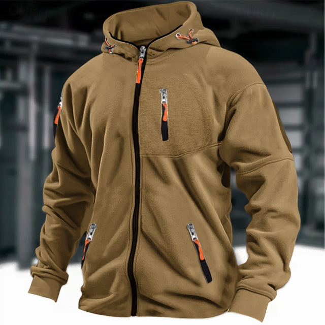 Per uomo Felpa con cappuccio Felpa con cappuccio a zip intera Compatto Verde militare Blu marino Marrone Grigio Con cappuccio Liscio Bandiera Tasche Sportivo Giornaliero Per eventi Poliestere