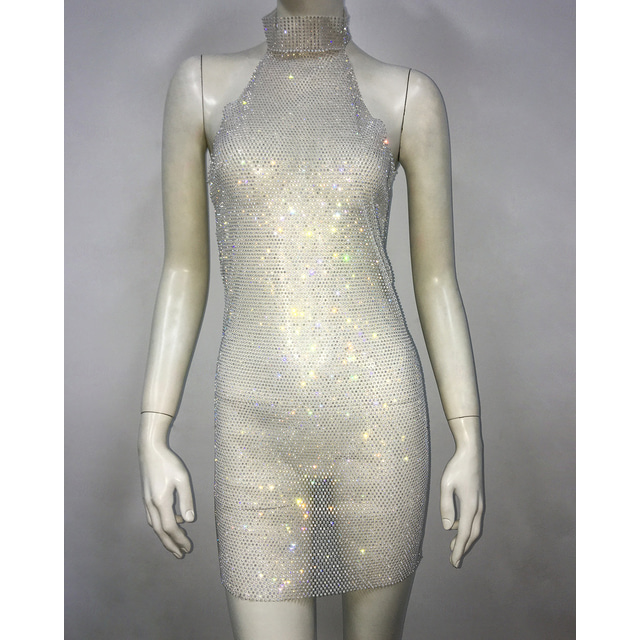  Metallic Backless Sparkle Body Chain Mini Dress Disco Solid Color Halter Neck Women's Party Club Adults' Dress