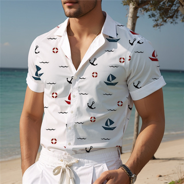 Segelboot Brautkleider schlicht Herren Hemd Outdoor Strasse Casual Sommer Kubanisches Halsband Kurzarm Weiß Blau Purpur S M L Hemd
