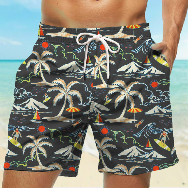  Men's Board Shorts Swim Shorts Swim Trunks Drawstring with Mesh lining Elastic Waist Coconut Tree Quick Dry Short Holiday Beach Hawaiian Casual Navy Blue Blue Micro-elastic