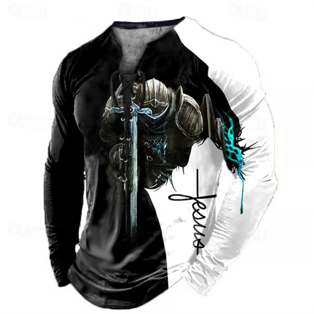  Men's Graphic Knights Templar Faith T Shirt Long Sleeve T shirt 3D Print Collar Shirt Fashion Daily Outdoor Casual Holiday Going out Blue Red Green Spring &  Fall Clothing Apparel S M L XL 2XL 3XL