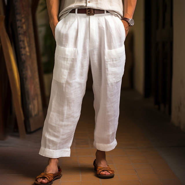  Men's Linen Pants Trousers Summer Pants Pocket Pleats Straight Leg Plain Comfort Breathable Outdoor Daily Going out Linen Cotton Blend Fashion Casual White