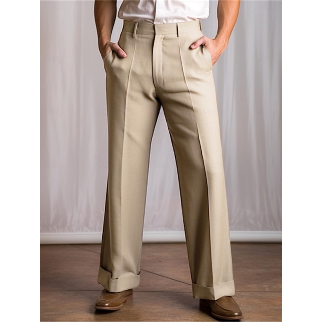  男性用 スーツ ズボン スーツパンツ ボタン フロントポケット まっすぐな足 平織り 履き心地よい ビジネス 日常 祝日 ファッション シック・モダン ブラック カーキ色