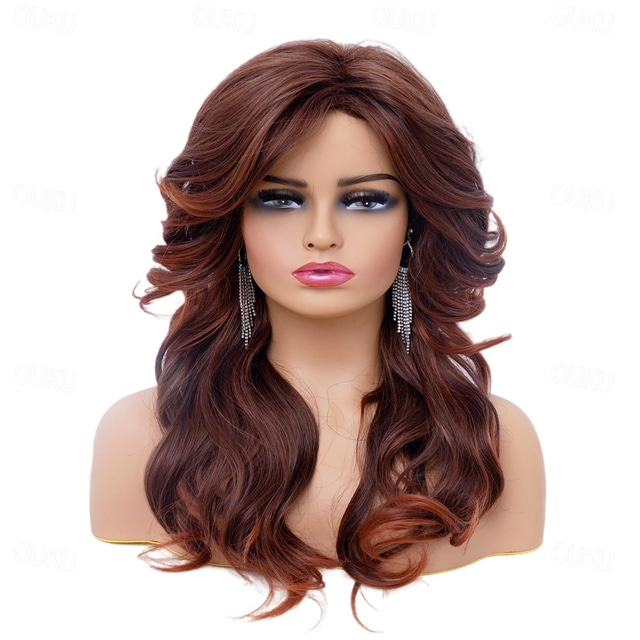  Rugelyss Vintage Wigs Brown Mixed Wig for Women Lady Layered Synthetic Full Wigs for 60s 70s 80s Cosplay Costume Disco Hair Wig Halloween Wigs