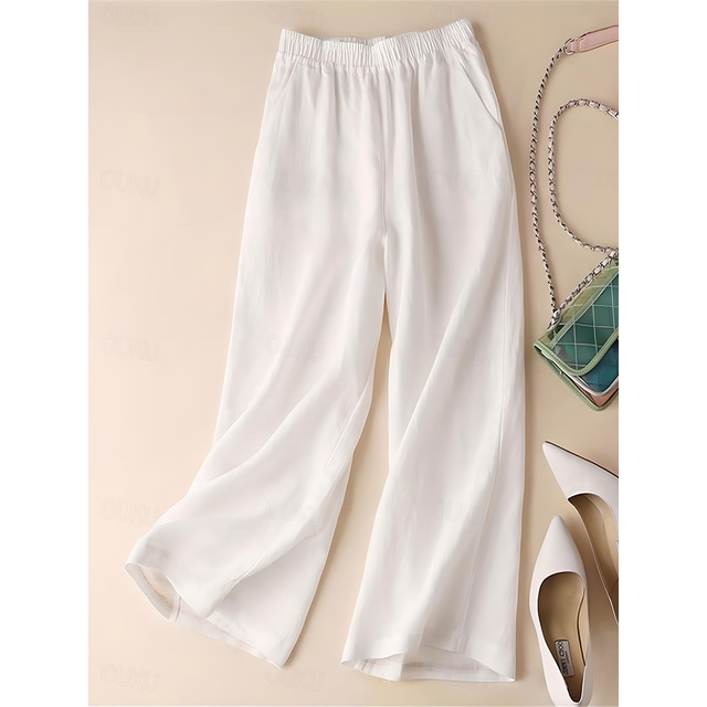  Women's Wide Leg Pants Casual Maillard Chinos Baggy Ankle-Length Cotton And Linen Pocket Micro-elastic High Waist Fashion Streetwear Daily Wear Black White M L Summer  Fall