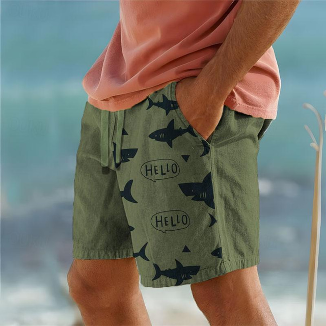  Animal Shark Printed Men's Cotton Shorts Summer Hawaiian Shorts Beach Shorts Drawstring Elastic Waist Print  Comfort Breathable Short Outdoor Holiday Going out Cotton Blend Pants