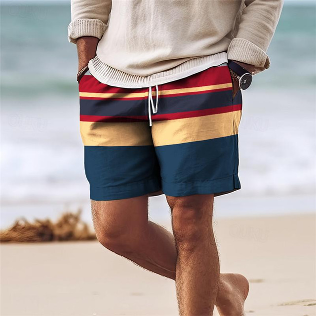  Bloque de color a rayas Resort para hombre Pantalones cortos con estampado 3D Bañador Cintura elástica Cordón con forro de malla Aloha Estilo hawaiano Vacaciones en la playa S a 3XL