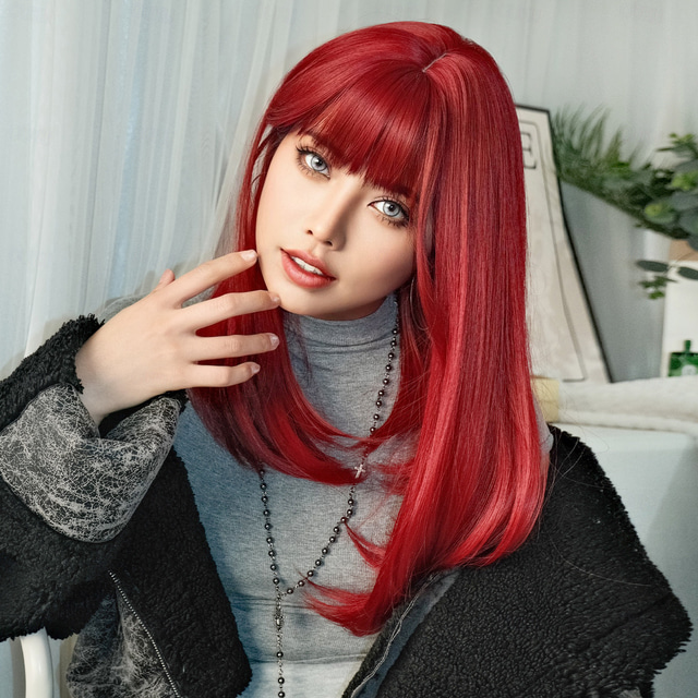  Synthetic Wig Straight kinky Straight Layered Haircut Machine Made Wig 20 inch Wine Red Synthetic Hair Women Burgundy