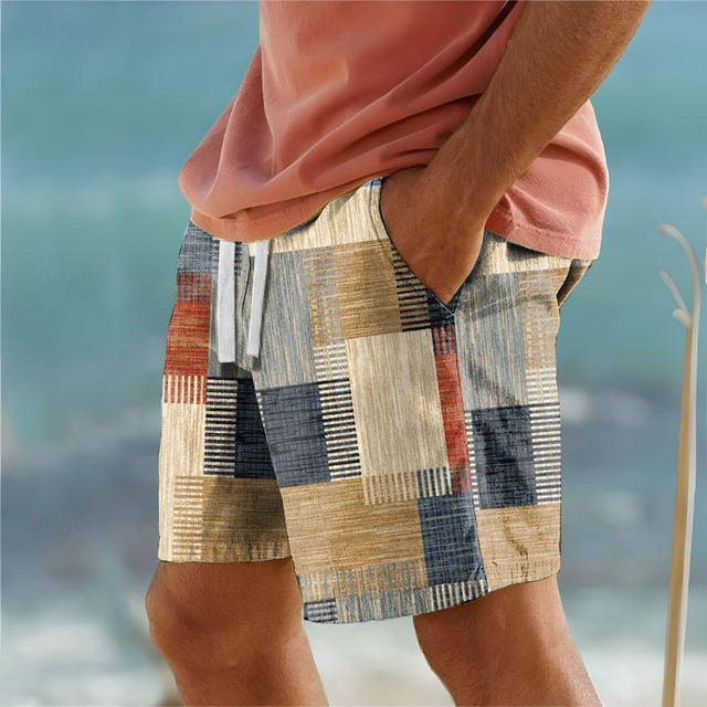  Bloque de color a cuadros Resort para hombre Pantalones cortos con estampado 3D Bañador Cintura elástica Cordón con forro de malla Aloha Estilo hawaiano Playa de vacaciones S a 3XL