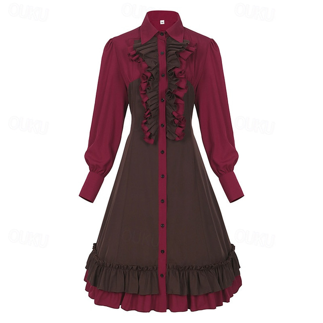  Gótica Lolita Punk e gótico Steampunk Vestidos Bispo Com Babados Bloco de cor Aberto para a Lateral Fantasia Mulheres Fantasia Steampunk Espetáculo Mascarilha Adulto Vestido