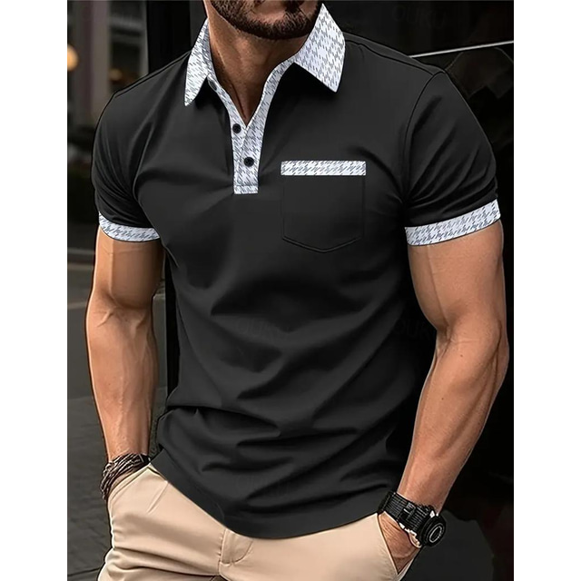  Men's Polo Shirt Button Up Polos Casual Sports Lapel Short Sleeve Fashion Basic Color Block Houndstooth Patchwork Pocket Summer Regular Fit Black White Navy Blue Blue Khaki Polo Shirt