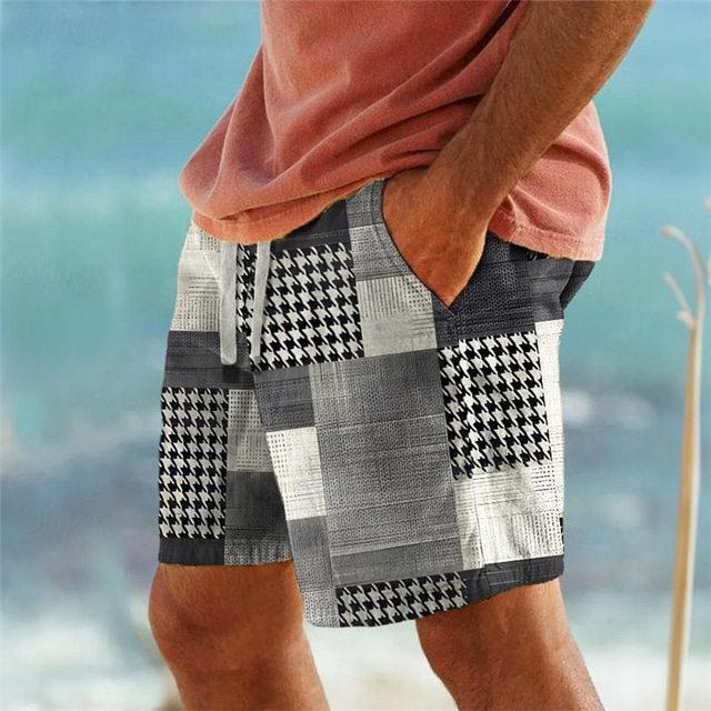  בלוק צבעוני משובץ לגברים נופש 3D מודפס לוח מכנסי ים בגד ים שרוך מותן אלסטי עם בטנת רשת אלוהה בסגנון הוואי חוף ים עד 3xl