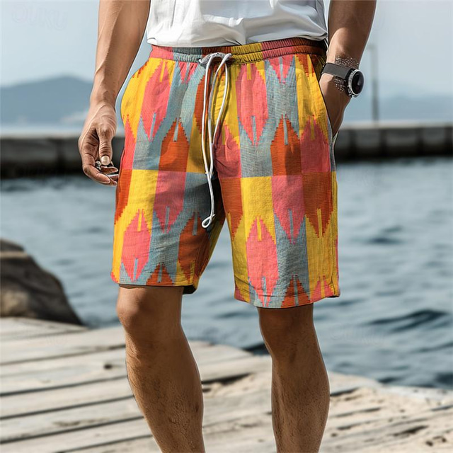 גיאומטריה גברים נופש 3D מודפס לוח מכנסי ים בגד ים שרוך מותן אלסטי עם בטנת רשת אלוהה בסגנון הוואי חוף ים עד 3xl