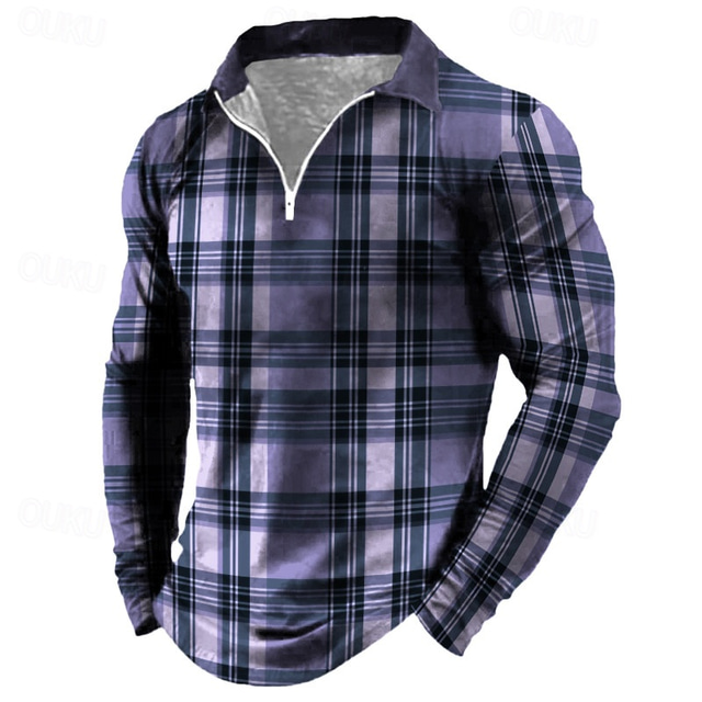  Homens Xadrez Camisas Polo com zíper Camisa de golfe Manga Longa Camisas polo Camisas de colarinho Vintage Casual Roupas de férias Traje formal Roupas para festivais Impressão 3D Polo com fecho de