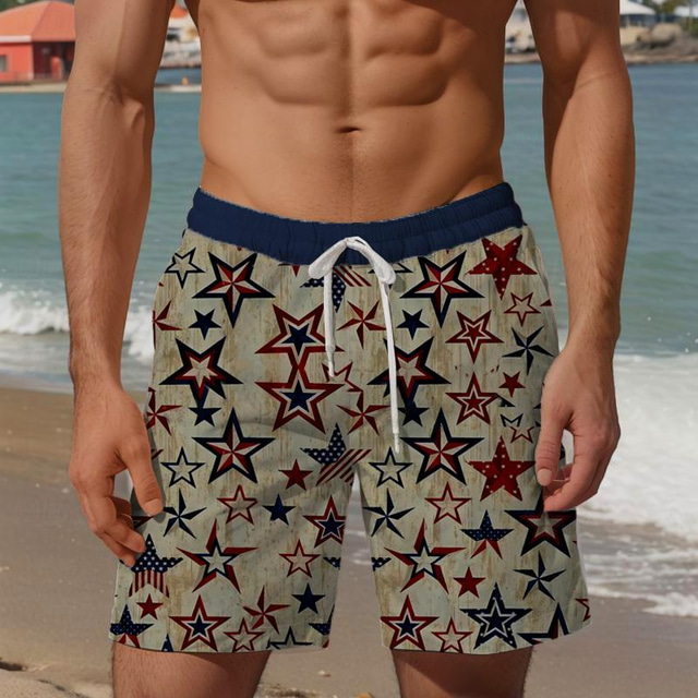  כוכב פטריוטי גברים נופש 3D מודפס לוח מכנסי ים בגד ים שרוך מותן אלסטי עם בטנת רשת אלוהה בסגנון הוואי חג חוף s עד 3xl