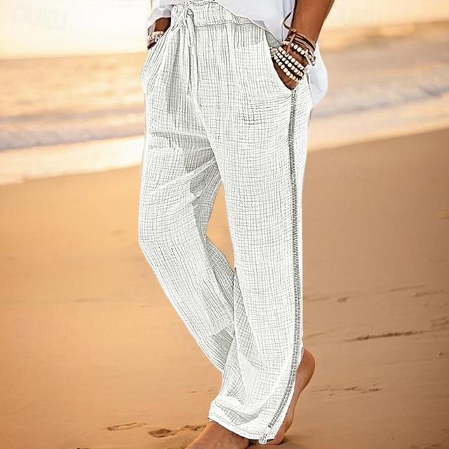  Hombre Pantalones de lino Pantalones Pantalones de playa Retazos Correa Cintura elástica Plaid Comodidad Transpirable Casual Diario Festivos Moda Estilo clásico Blanco Verde Ejército