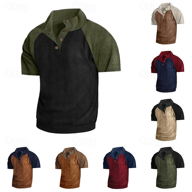  Męskie Koszula sztruksowa Koszula Henley Koszulka Kolorowy blok Henley Ulica Urlop Krótkie rękawy Niejednolita całość Odzież Zabytkowe Designerskie Podstawowy