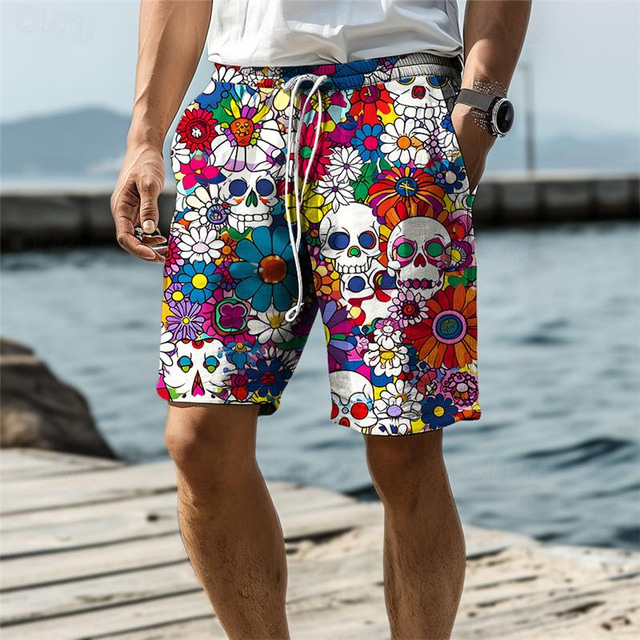  Totenkopf-Blumen-Herren-Resort-Shorts mit 3D-Druck, Badehose, elastische Taille, Kordelzug mit Netzfutter, Aloha-Hawaiian-Stil, Urlaub, Strand, S bis 3XL
