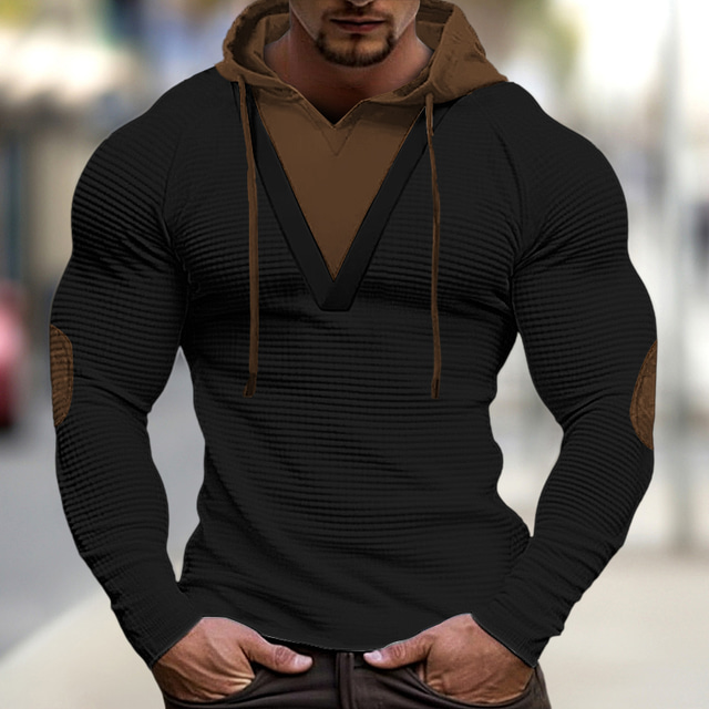  Men's T shirt Tee Waffle Knit Tee Tee Top Long Sleeve Shirt Color Block Hooded Street Vacation Long Sleeve Patchwork Clothing Apparel Fashion Designer Basic