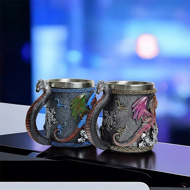  Medieval Dragon Mug - Dungeons And Dragons Beer Mug Drinking Mug - Stainless Steel Coffee Mug for Dragon Lovers Collectors - Ideal Gothic Gift, Party Decoration