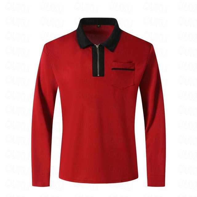 Men's Polo Shirt Quarter Zip Polo Work Daily Wear Lapel Long Sleeve Fashion Comfortable Color Block Pocket Zip Up Spring &  Fall Regular Fit Black White Red Navy Blue Blue Beige Polo Shirt