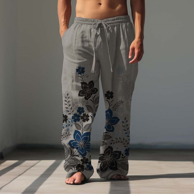  Men's Floral Linen Pants Pants Trousers Baggy Pants Mid Waist Vintage Outdoor Daily Wear Streetwear Spring &  Fall White Blue Green