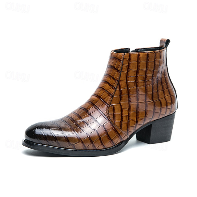  Men's Brown Crocodile Pattern Faux Leather Ankle Boots - Stylish Western Chelsea Boots for Formal Events and Casual Wear