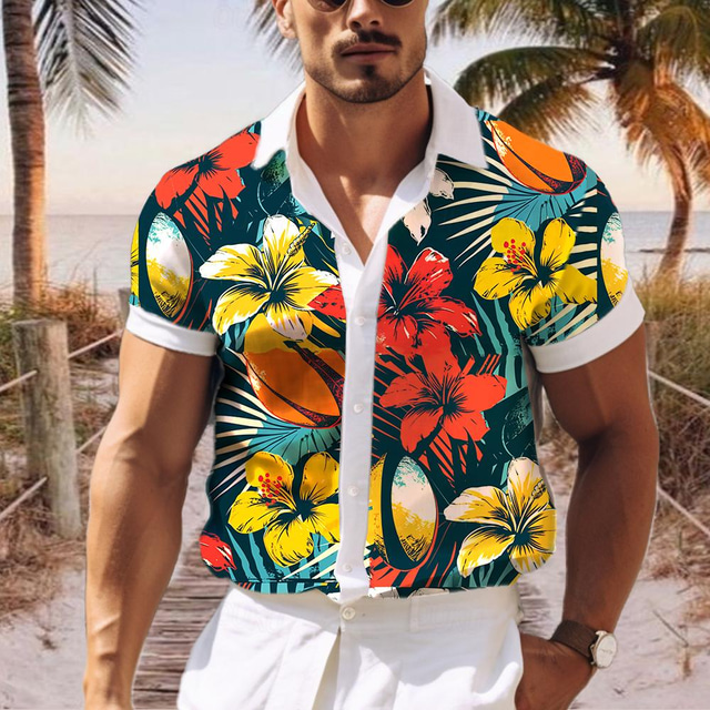  Floral Casual Men's Resort Hawaiian 3D Printed Shirt Button Up Short Sleeve Summer Shirt Vacation Daily Wear S TO 3XL