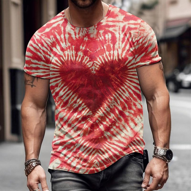  Valentine's Day Men's Heart Graphic Tie Dye T shirt Short Sleeve T shirt 3D Print Crew Neck Shirt Daily Designer Casual Valentine's Day Holiday Going out Pink Red Purple Spring & Summer Clothing