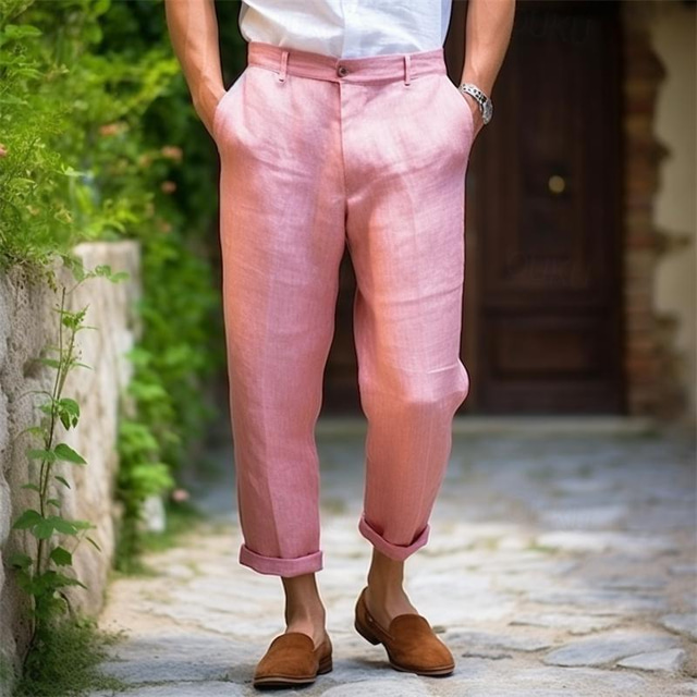  Men's Linen Pants Trousers Summer Pants Beach Pants Front Pocket Straight Leg Plain Comfort Breathable Casual Daily Holiday Linen Cotton Blend Fashion Basic Pink