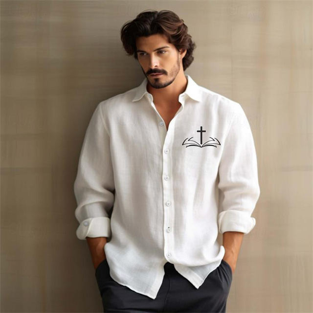  Per uomo Cotone Lino Camicia camicia di lino Fede Stampa Manica lunga Bavero Nero, Bianco, Rosa Camicia Esterno Giornaliero Da mare