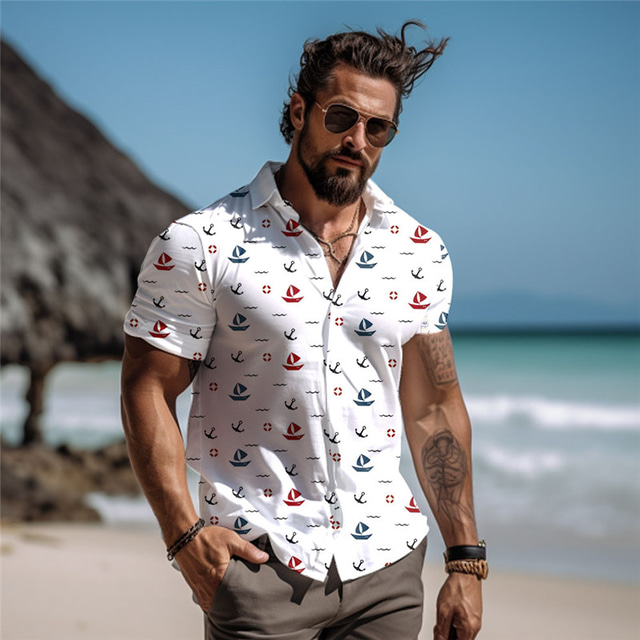  segelbåt herrresort hawaiian 3d-tryckt skjorta med kort ärm kortärmad sommar strandskjorta semester dagligt slitage s till 3xl