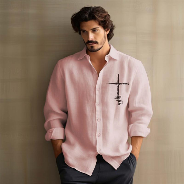  Homens Algodão Linho Camisa Social camisa de linho Cruz Fé Imprimir Manga Longa Lapela Preto, Branco, Rosa Camisa Ao ar livre Diário Férias