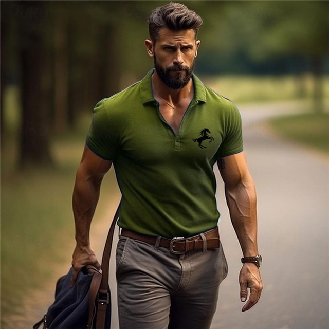  Horse Symbol Men's Business 3D Print Polo Shirt Golf Polo Outdoor Daily Wear Streetwear Polyester Short Sleeve Turndown Polo Shirts Black Wine Summer S M L Micro-elastic Lapel Polo