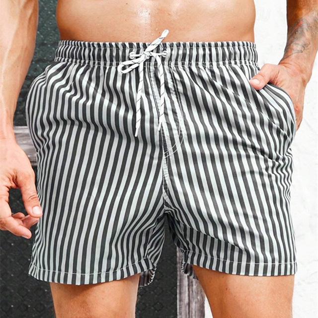  Men's Board Shorts Swim Trunks Going out Weekend Breathable Quick Dry Pocket Drawstring Elastic Waist Striped Short Gymnatics Casual Activewear Sky Blue Brown