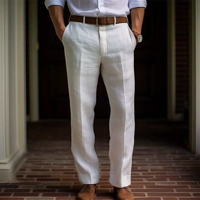  Bărbați Pantaloni de in Pantaloni Pantaloni de vară Buton Buzunar frontal Picior drept Simplu Confort Respirabil Casual Zilnic Concediu Amestec de Lână / Bumbac Modă De Bază Negru Alb