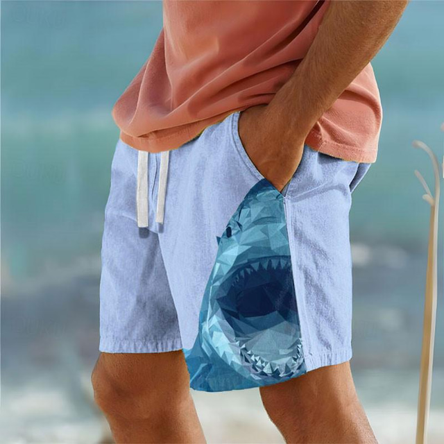  Ocean Shark Men's Resort 3D Printed Board Shorts Swim Trunks Elastic Waist Drawstring with Mesh Lining Aloha Hawaiian Style Holiday Beach S TO 3XL