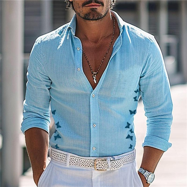  Men's Polyester Linen Shirt Linen Shirt Butterfly Print Long Sleeve Turndown White, Pink, Blue Shirt Outdoor Daily Vacation