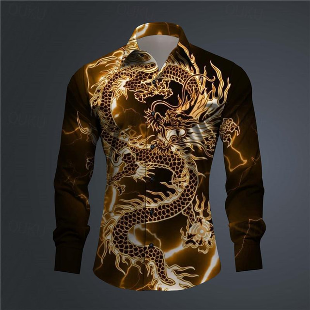  Dragon Men's Subcultural Abstract 3D Prinetd Shirt Daily Wear Going out Spring Turndown Long Sleeve Black, Yellow, Pink S, M, L 4-Way Stretch Fabric Shirt