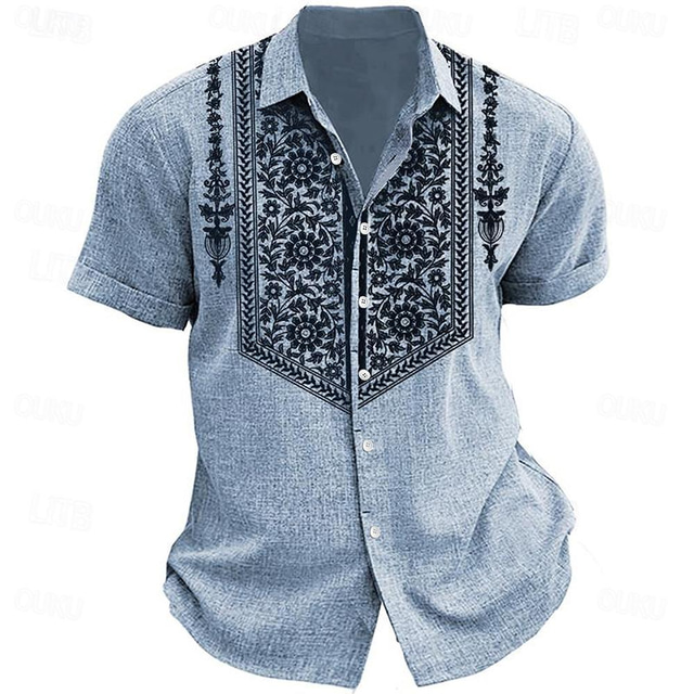  Floral Men's Business Casual 3D Printed Shirt Street Wear to work Going out Summer Turndown Short Sleeves Blue Green Gray S M L Polyester Shirt
