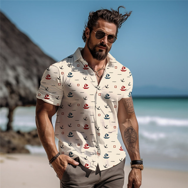  Sailboat Men's Resort Hawaiian 3D Printed Shirt Button Up Short Sleeve Summer Beach Shirt Vacation Daily Wear S TO 3XL