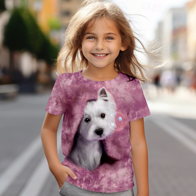  Camiseta feminina com estampa 3D de cachorro, rosa, manga curta, estampa 3D, moda verão, fofa, poliéster, infantil, 4 a 12 anos, gola redonda, casual, para atividades ao ar livre, ajuste regular