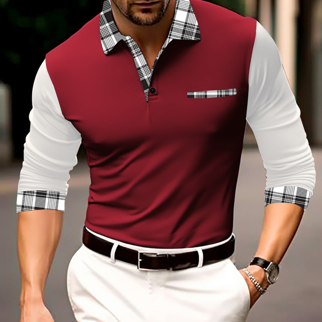  Men's Polo Shirt Button Up Polos Casual Sports Lapel Long Sleeve Fashion Basic Plaid Color Block Patchwork Pocket Spring &  Fall Regular Fit Black Red Blue Polo Shirt