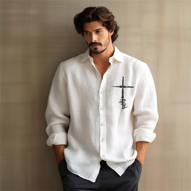  Cross Faith Men's Business Casual Graphic Shirt Linen Shirt Outdoor Daily Vacation Spring &  Fall Lapel Long Sleeve Black, White, Pink S, M, L Shirt