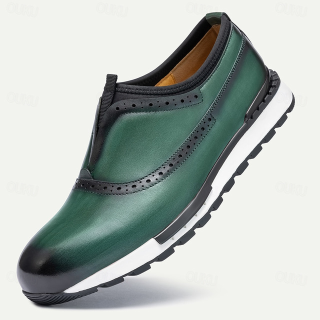  Men's Premium Cowhide Leather Slip-On Loafers – Green and Black Brogue Design, Comfortable Cushioned Sole, Casual and Formal Shoes