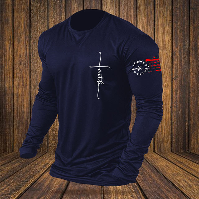  Amerikanische Flagge Faith bedrucktes grafisches Baumwoll-T-Shirt für Herren im Vintage-Stil, Basic-Shirt, langärmlig, bequemes T-Shirt, Sport, Outdoor, Urlaub, Frühling, Herbst, Modedesigner-Kleidung